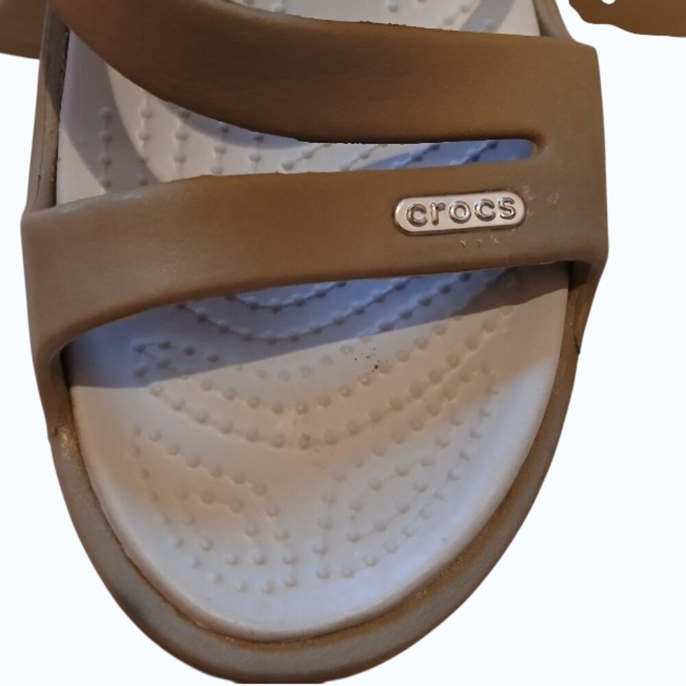 NWOT CROCS Patricia Wedge Tan Strappy Slip-On Coastal Sandals - Picture 7 of 12